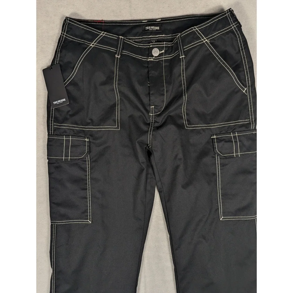 NEW True Religion Bobby Baggy Cargo Pants Jet Black Contrast Stitch Mens 34